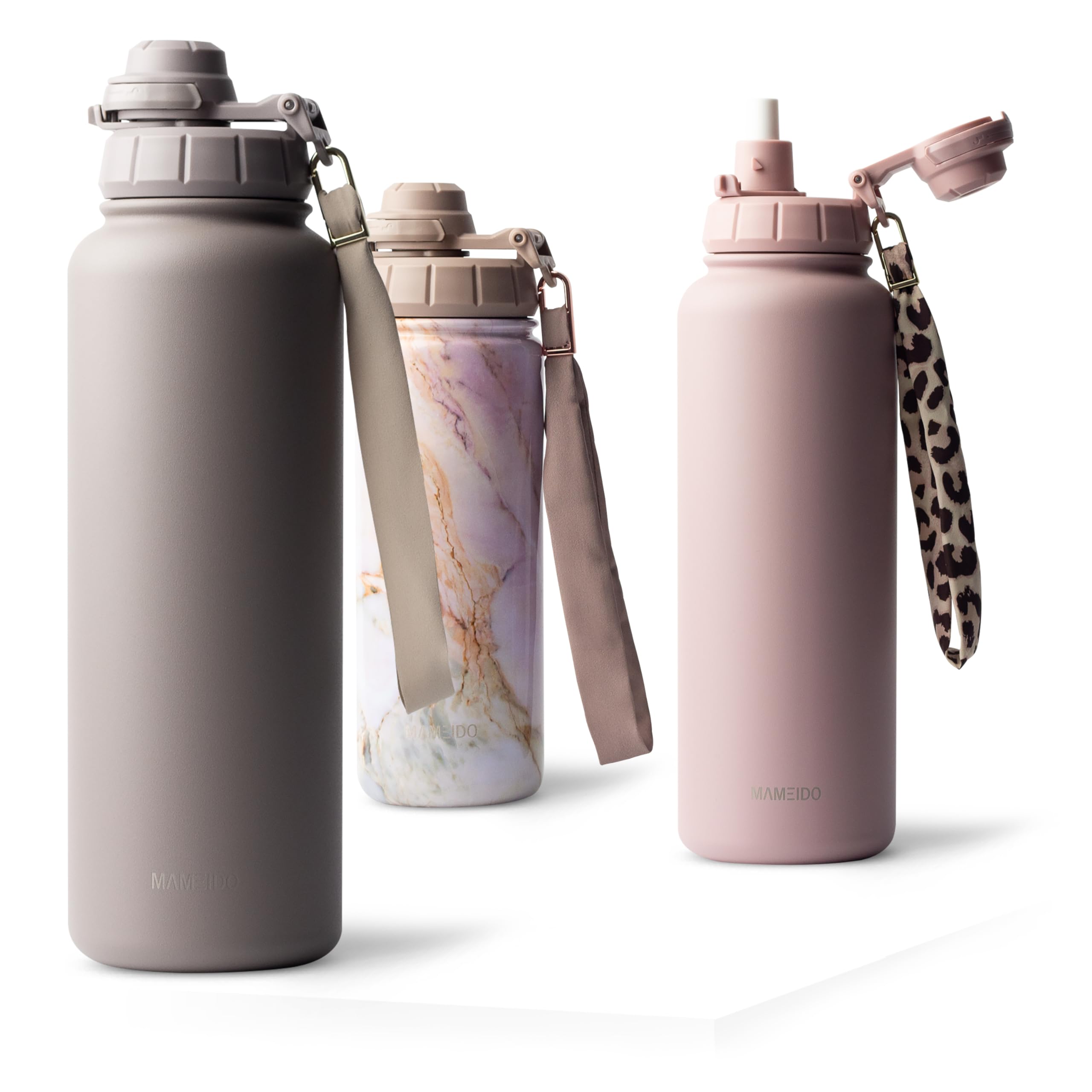 MAMEIDO Thermosflasche mit Strohhalm 500 ml, Edelstahl isoliert, Wasserflasche auslaufsicher BPA-frei (Taupe Grey)