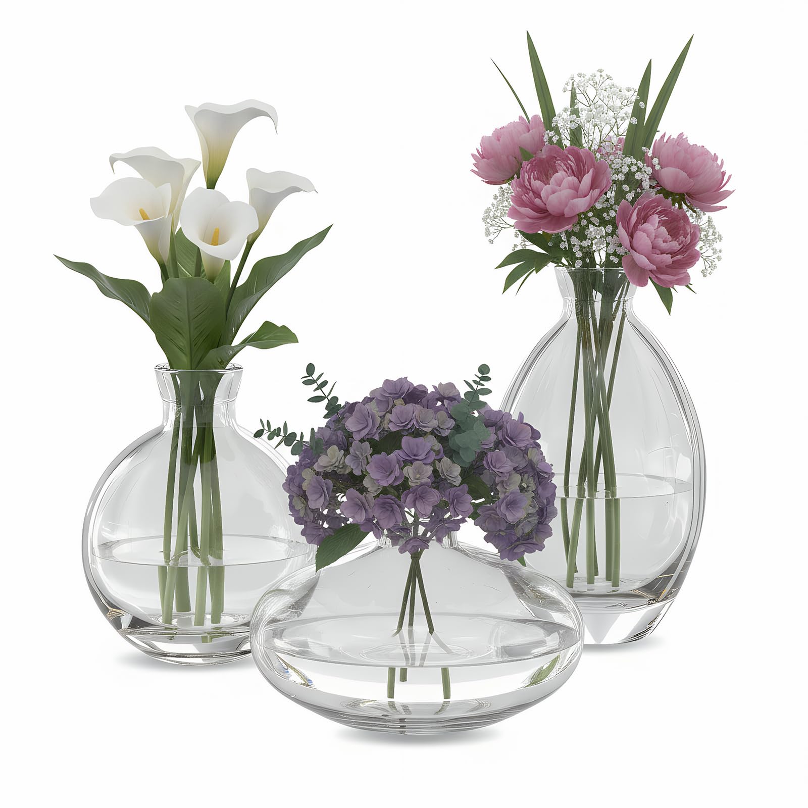 Juego de 3 Jarrones Pequeños de Cristal, Mini Jarron Cristal, Pequeños Jarrones Decorativos Modernos Crista, Varios Tamaños para Decoración del Hogar y del Salón, Decoración de Boda