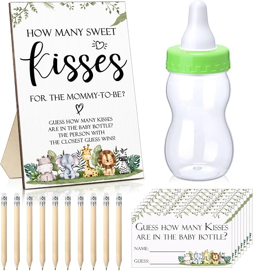 How Many Kisses Baby Shower Game Set - Rustic Standing Sign, 50 Guess Cards, 180 Kiss Stickers