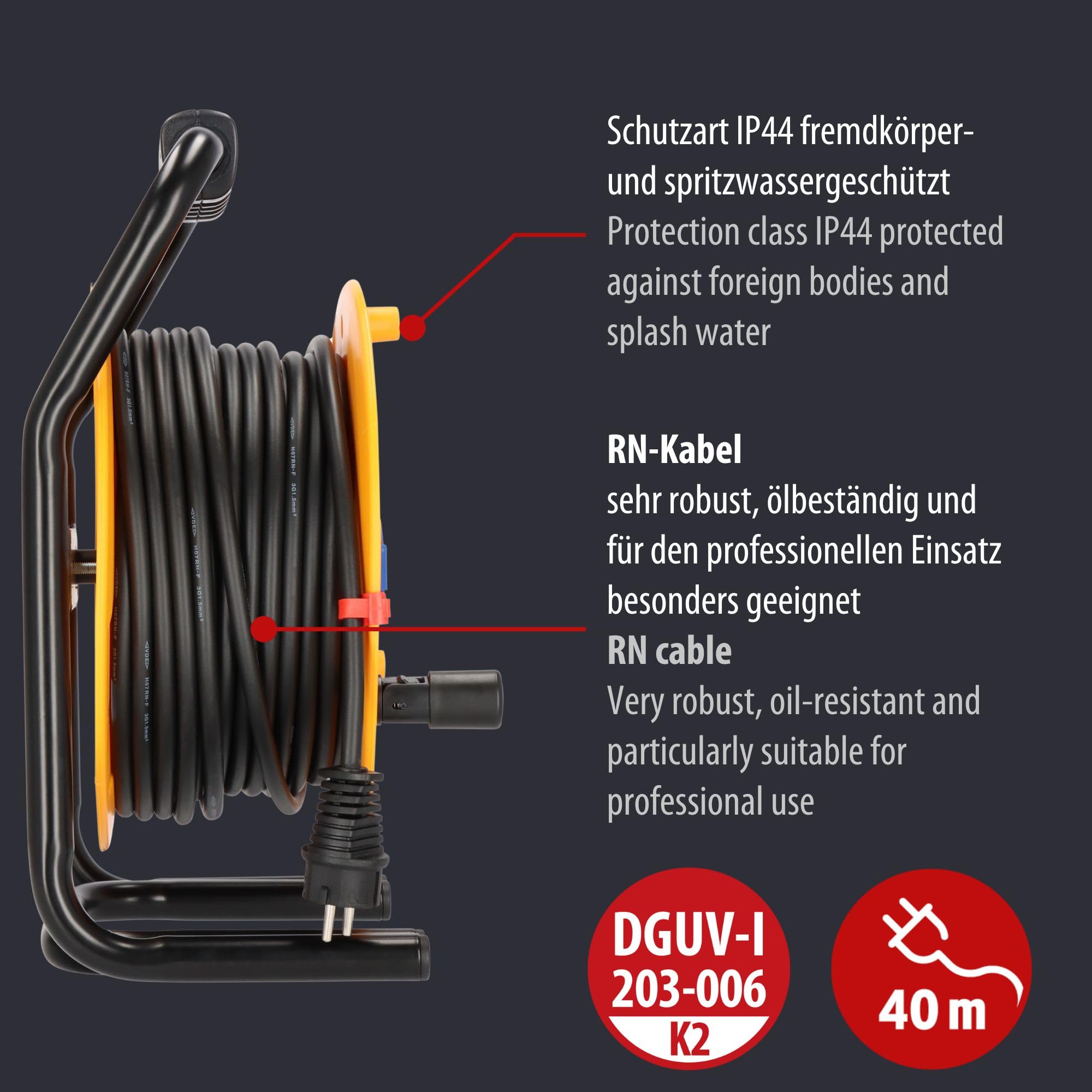 Brennenstuhl Professional Brobusta IP44 Gewerbe-/Baustellen-Kabeltrommel 40m (aus Spezialkunststoff, Baustelleneinsatz und Einsatz im Außenbereich, Made in Germany) gelb