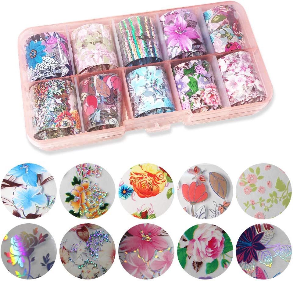 10 Rolls Laser Holographic Nail Foil Sticker Colorful Flower Starry Sky Manicure Transfer Decals Nail Art DIY Decoration Kit