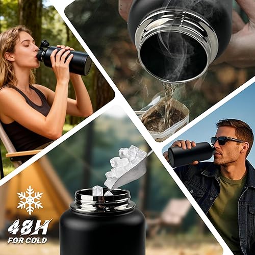 Miniatura 42 de Botella de agua aislada de 32 onzas, jarra de agua negra militar de acero inoxidable con manga, botellas de agua para gimnasio para hombres,