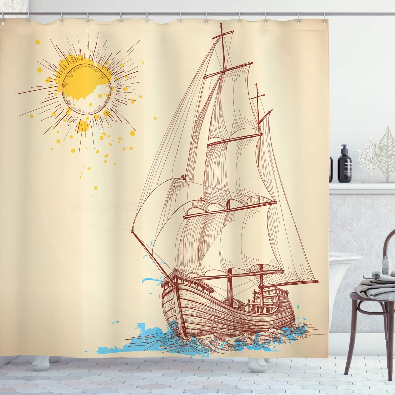 Ambesonne Nautical Shower Curtain, Marine Pattern of Sailing Boat in Windy Sea Splashed Sun Cruising Galleon, Cloth Fabric Bathroom Decor Set with Hooks, 69" W x 75" L, Cream Brown