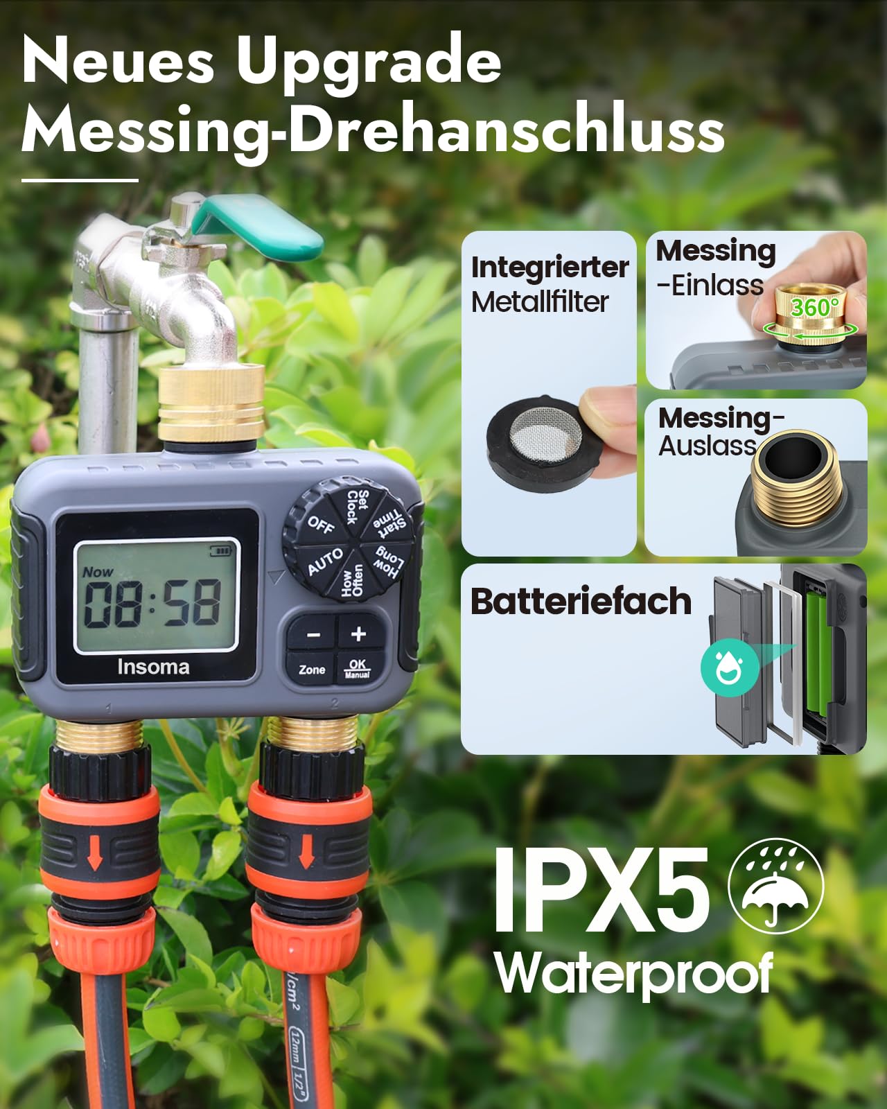 Insoma 2-Zonen-BewäSserungstimer Mit Messing-Ein-/Auslass, Programmierbarer Schlauchtimer Mit Automatik-/Manuell-Modus Und RegenverzöGerung, BewäSserungstimer FüR Garten, Rasen, Hof | IP55 Wasserdicht