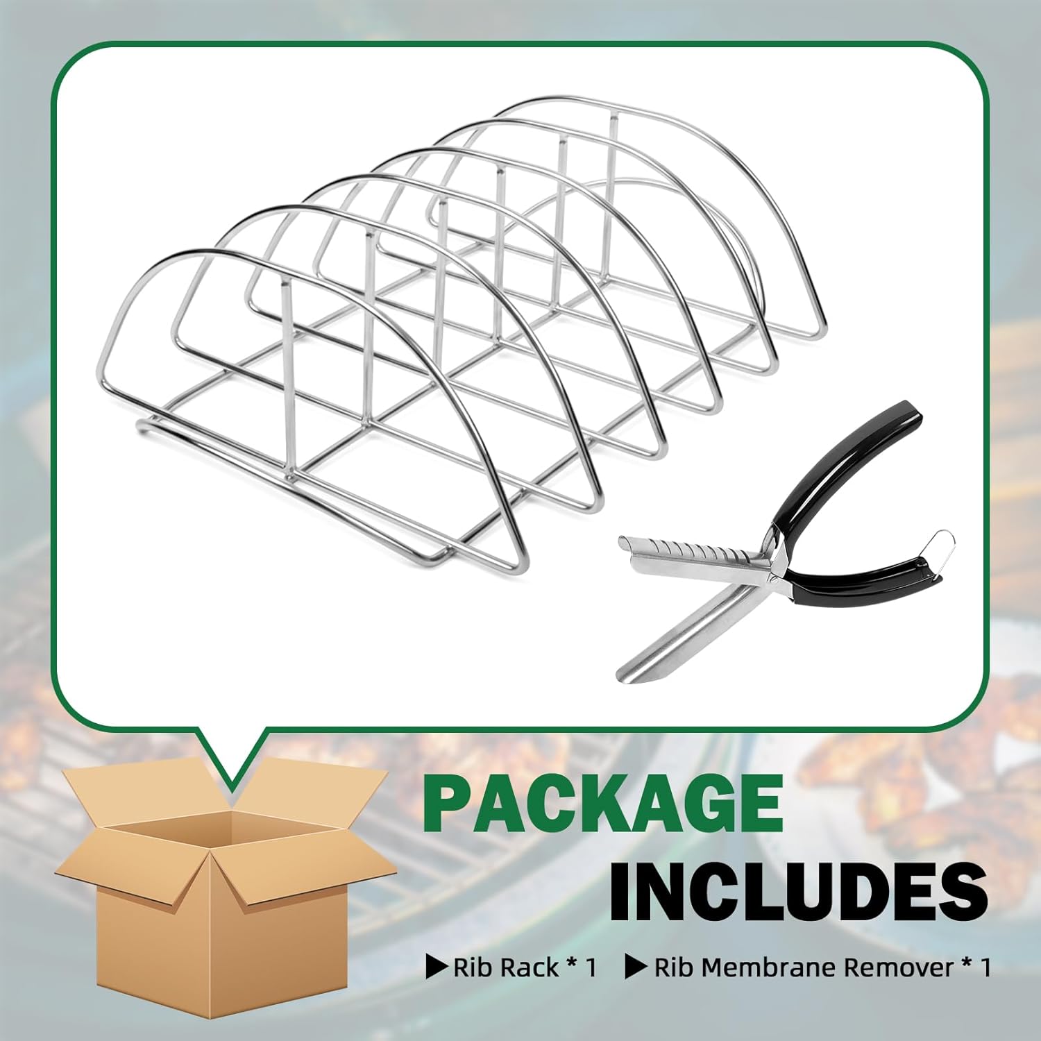 Stainless Steel BBQ Rib Rack & Membrane Remover Tool Combo - 2-in-1 Rib Prep and Cooking Set for Grills & Smokers - Heavy Duty Roast Rack for Ceramic Large Green Egg & Charcoal Grills,Oven Safe