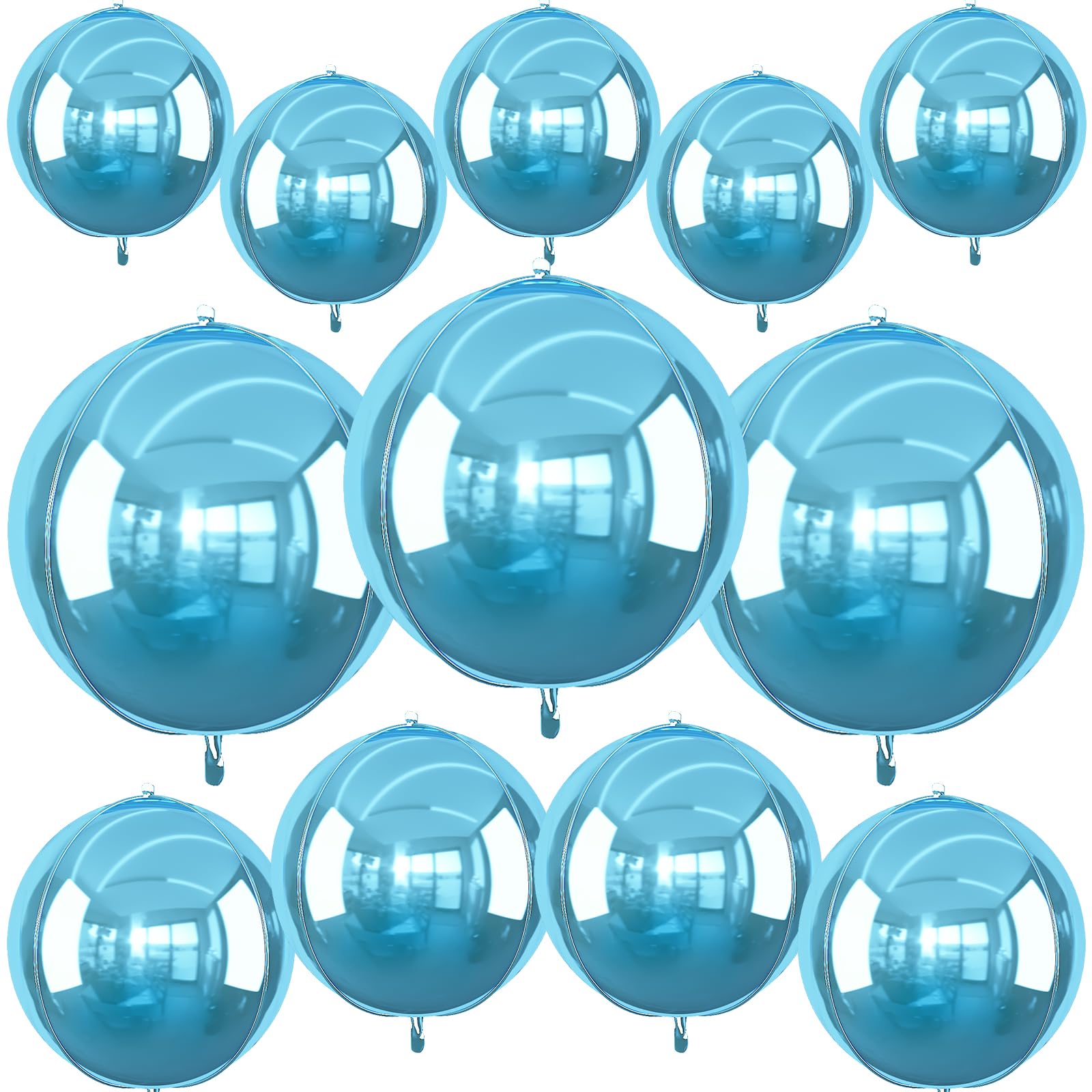 Photo 1 of 12Pcs Light Blue Round Foil Balloons, 22" 15" 10" 4D Helium Ball Balloon, Metallic Pearl Blue Foil Balloon for Birthday Graduation Wedding Anniversary New Year Eve Disco Prom Party Decorations