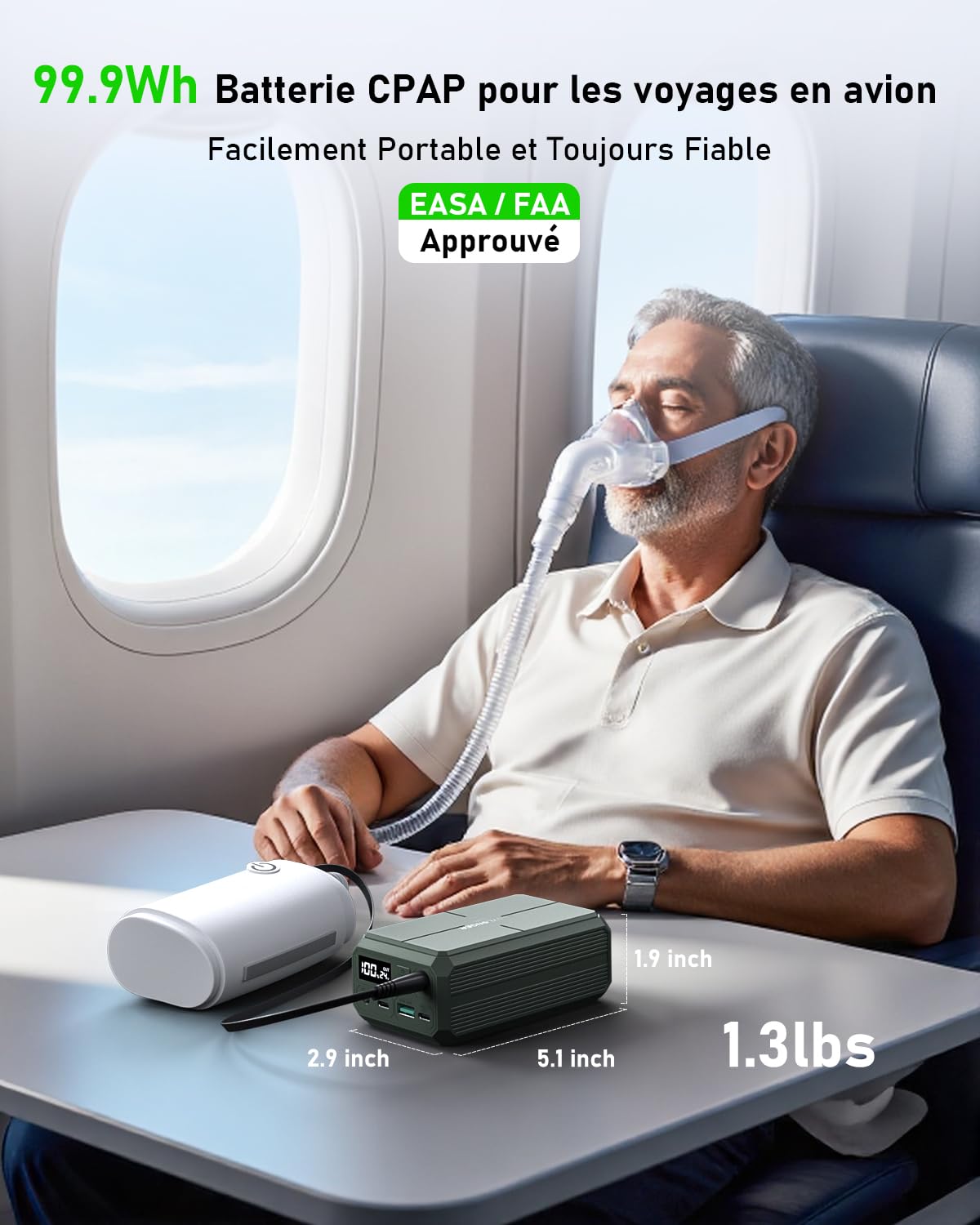 EASYLONGER ES270 CPAP Batterie pour Voyage en Avion 99Wh Batterie CPAP pour Camping CPAP Power Bank pour ResMed AirMini, AirSense 11/10, AirCurve 11, Sefam EcoStar/S.Box/Néa, BMC M1 Mini, DreamStation