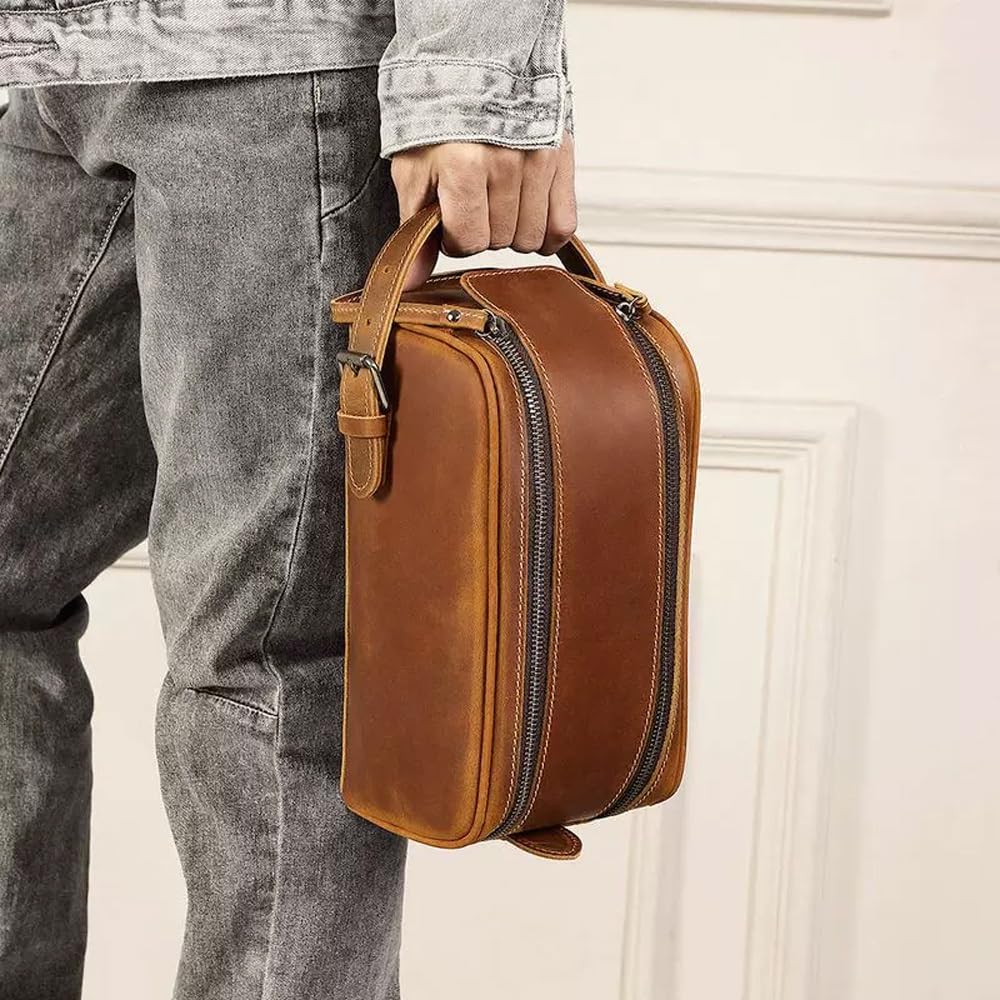 Kulturbeutel aus Leder for Herren – Reise-Dopp-Set und Hygiene-Organizer, perfekte Kultur-Reisetasche for Herren(Brown)