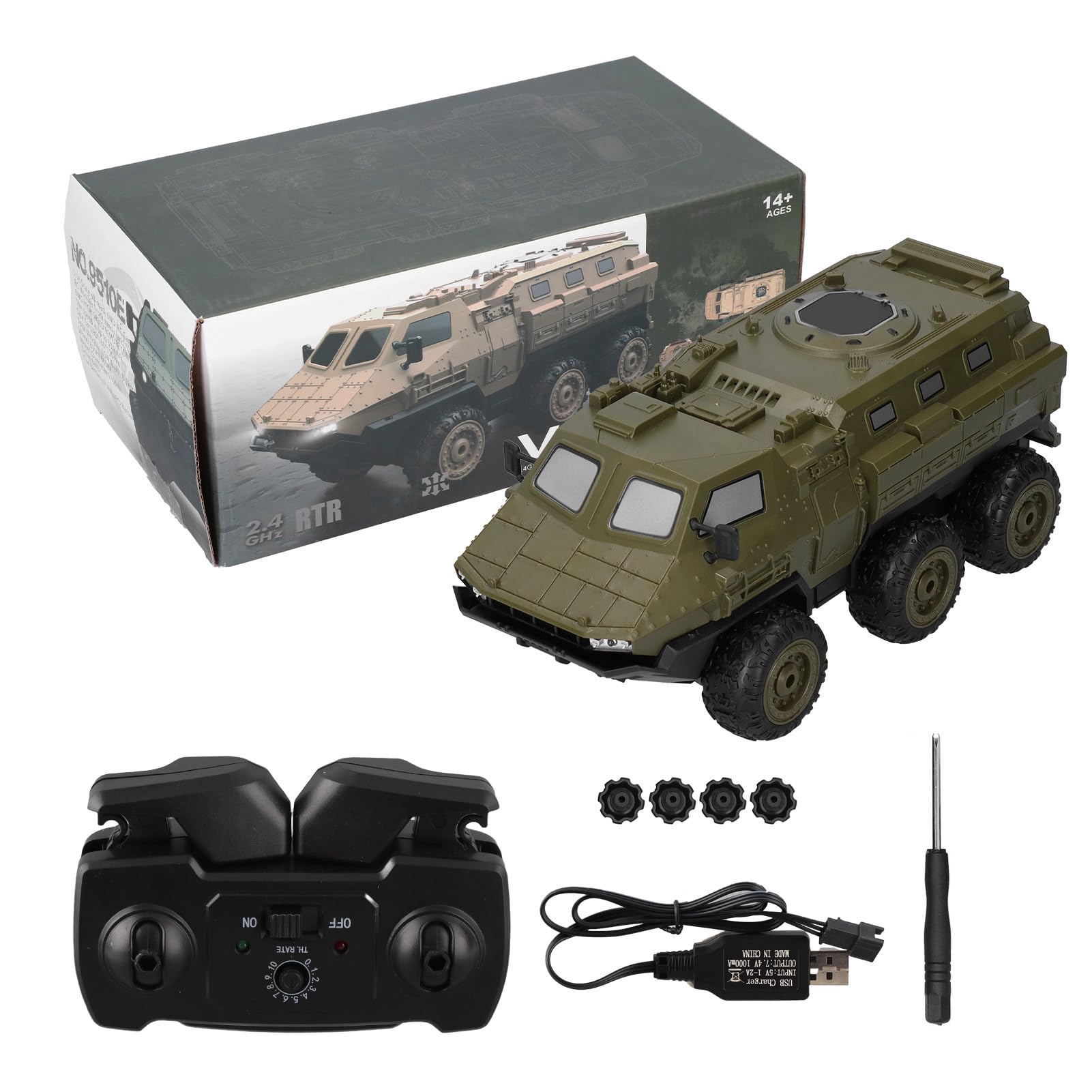Drfeify Camion Blindato RC, Camion Militare RC 1/16 a 2,4 GHz 6WD Veicolo Blindato RC per età 14+Modelli di Auto