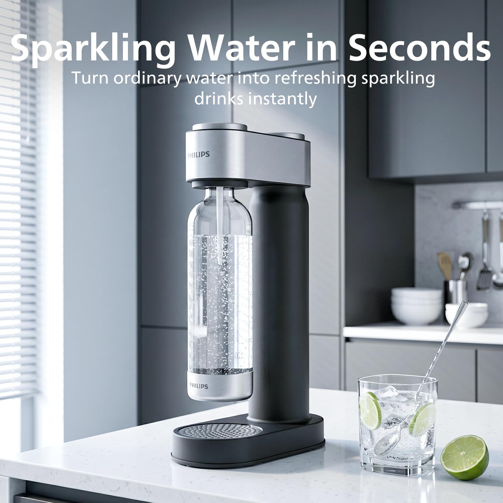 Philips Machine à eau pétillante en acier inoxydable pour la maison avec bouteille de gazéification en PET sans BPA de 1 L, compatible avec n'importe quel gazéificateur de CO2 à visser de 60 L (non