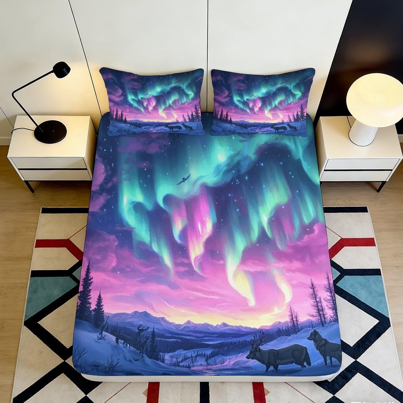 Zfldkwgb Style-2 3D Printed Northern Lights Fitted Sheet Microfiber Aurora Borealis Mattress Cover Anti-Slip Washable Bedroom Decor 90X200x25cm