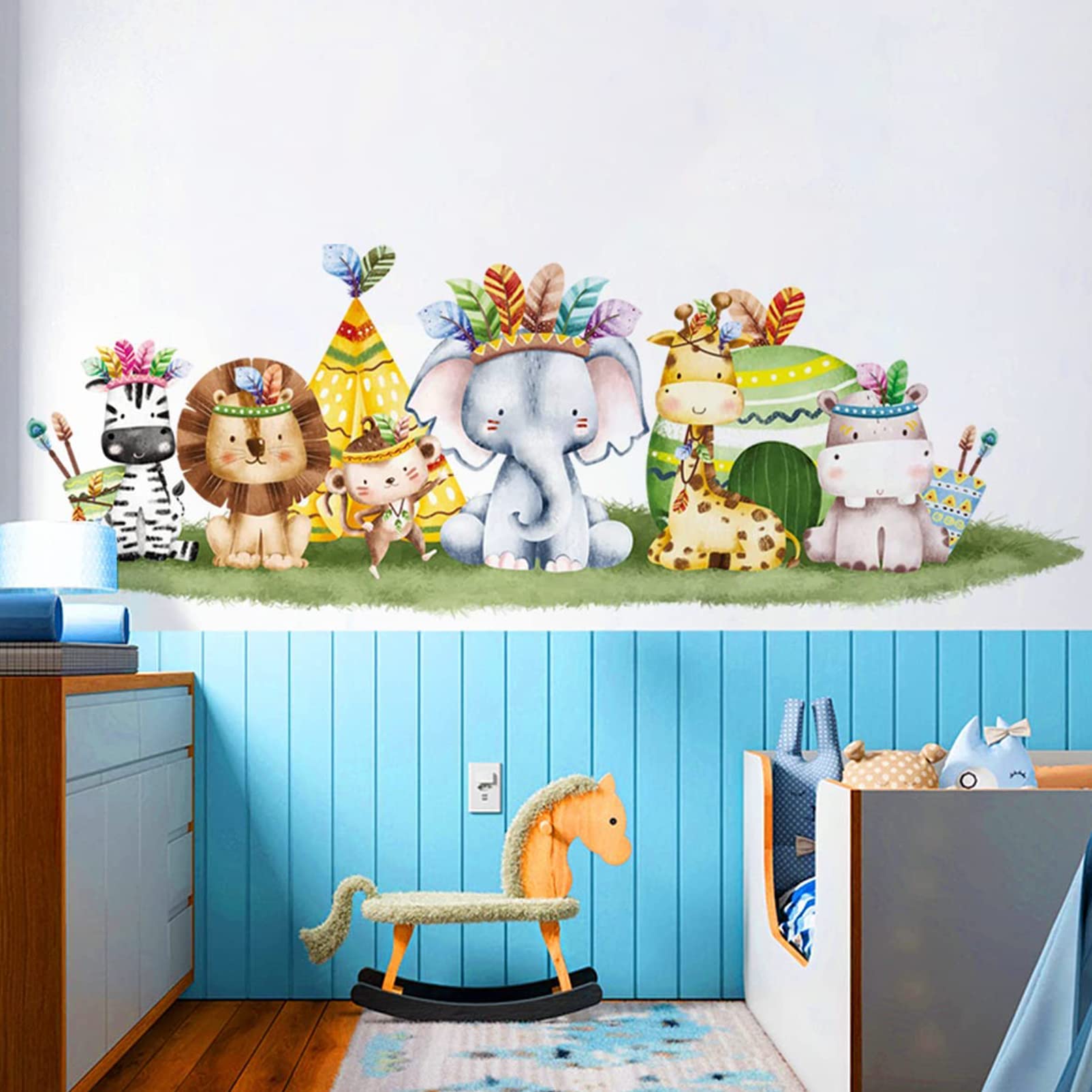 Pegatina Decorativa De Pared Para Niños - Diseño Con Jirafa, Mono, Elefante Y Tigre, Incluye Regla De Altura Hasta 200 Cm