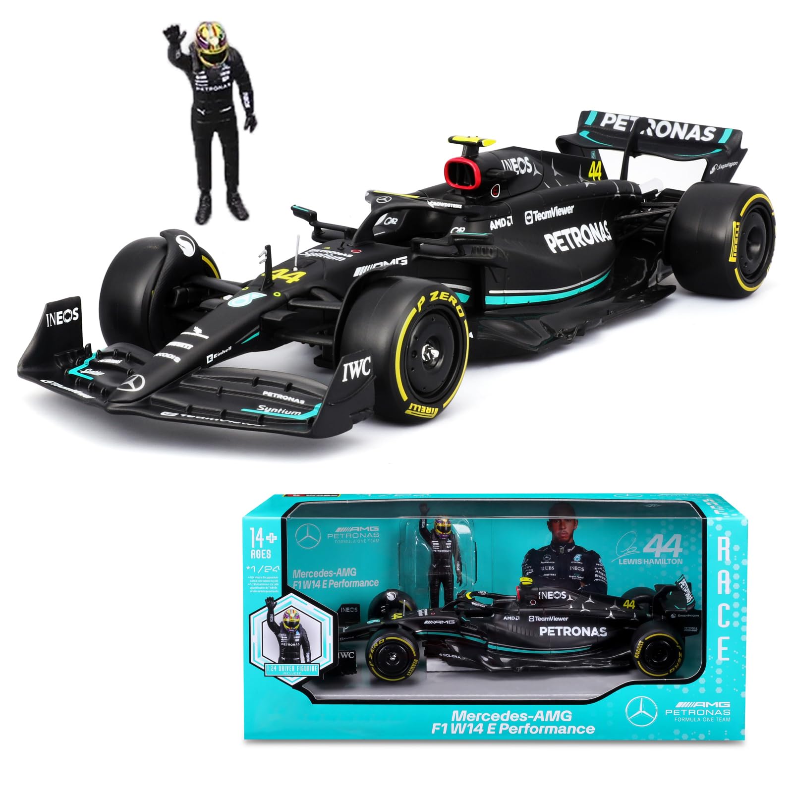 1:24 F1 Team W14 2023 44# Lewis Hamilton w/Figure Alloy Car Die Cast Model (1/24 W14 44# w/Figure)