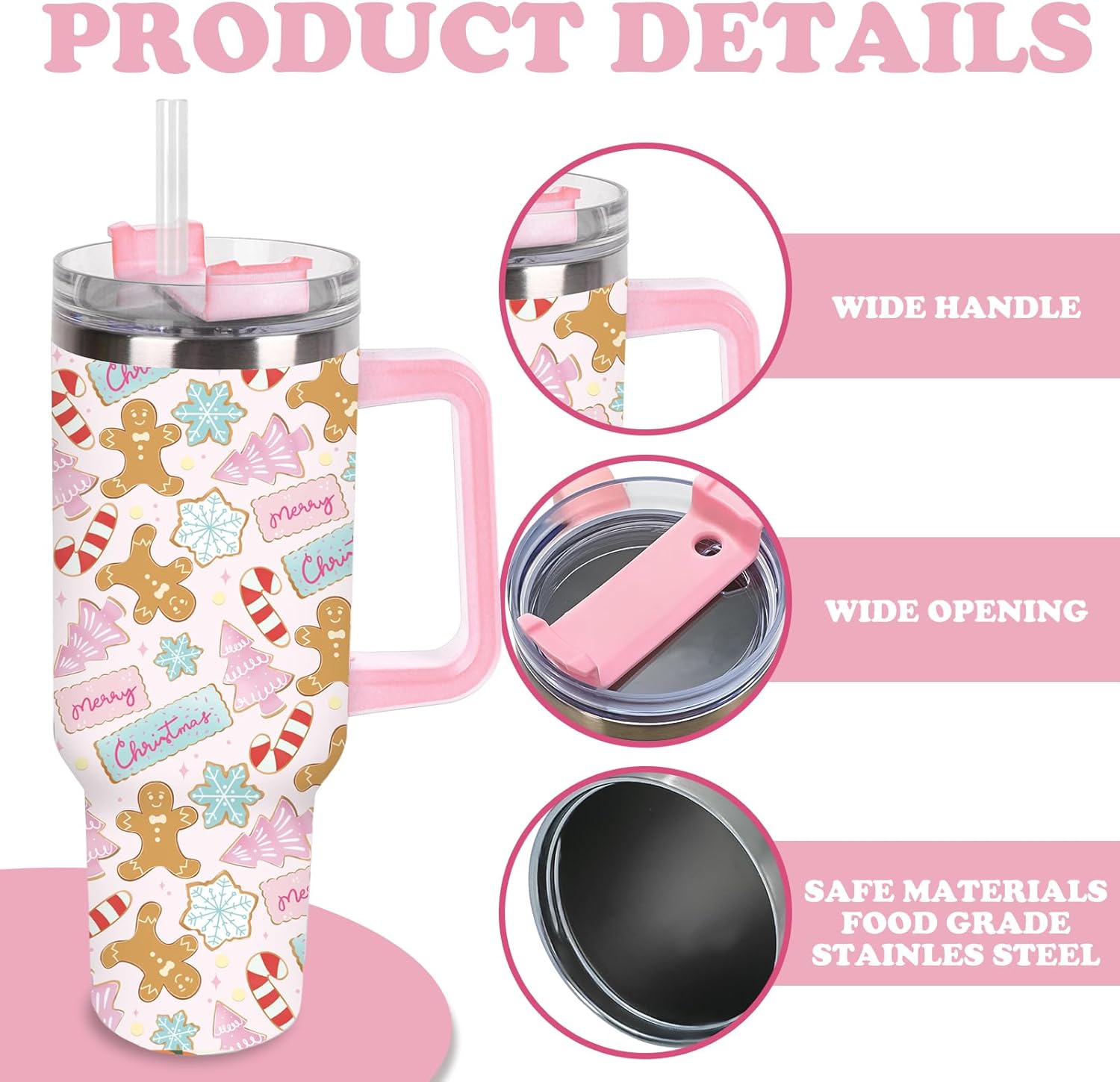 1Pc Christmas Tumbler with Handle Lid Straw 40oz Pink Xmas Tree Gingerbread Man Stainless Steel Travel Tumbler Cup for Winter Holiday Iced Coffee Party Favor - Image 3