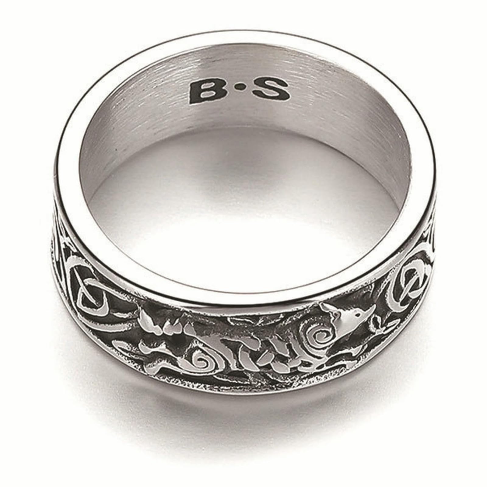 Edelstahl-Wikinger-Ring für Herren, nordischer keltischer Knoten-Schmuck, gravierter Doppelwolf, einzigartiges Geschenk