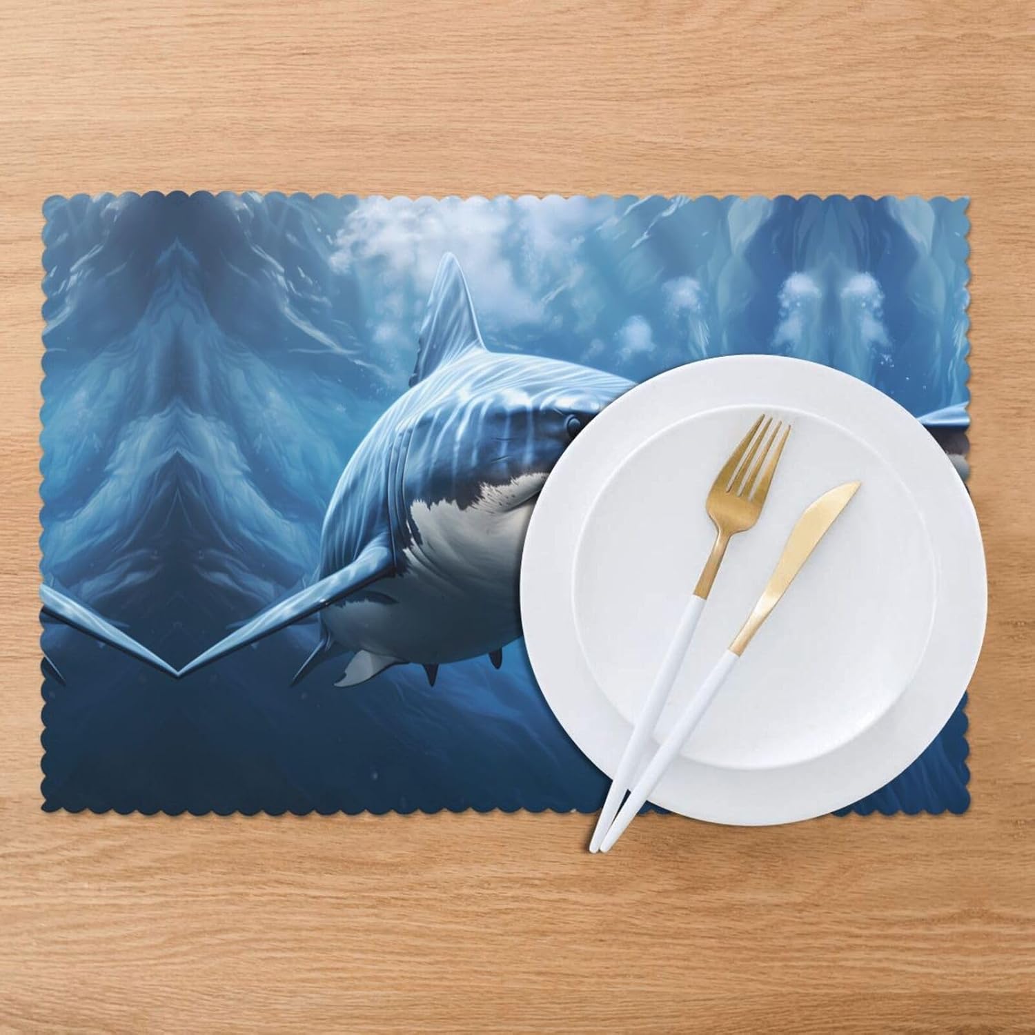 BROLEO Blue Shark Prints Placemats Set of 6 12x18in - Premium Quality Heat Resistant Dining Table Mats for Home & Kitchen Decor