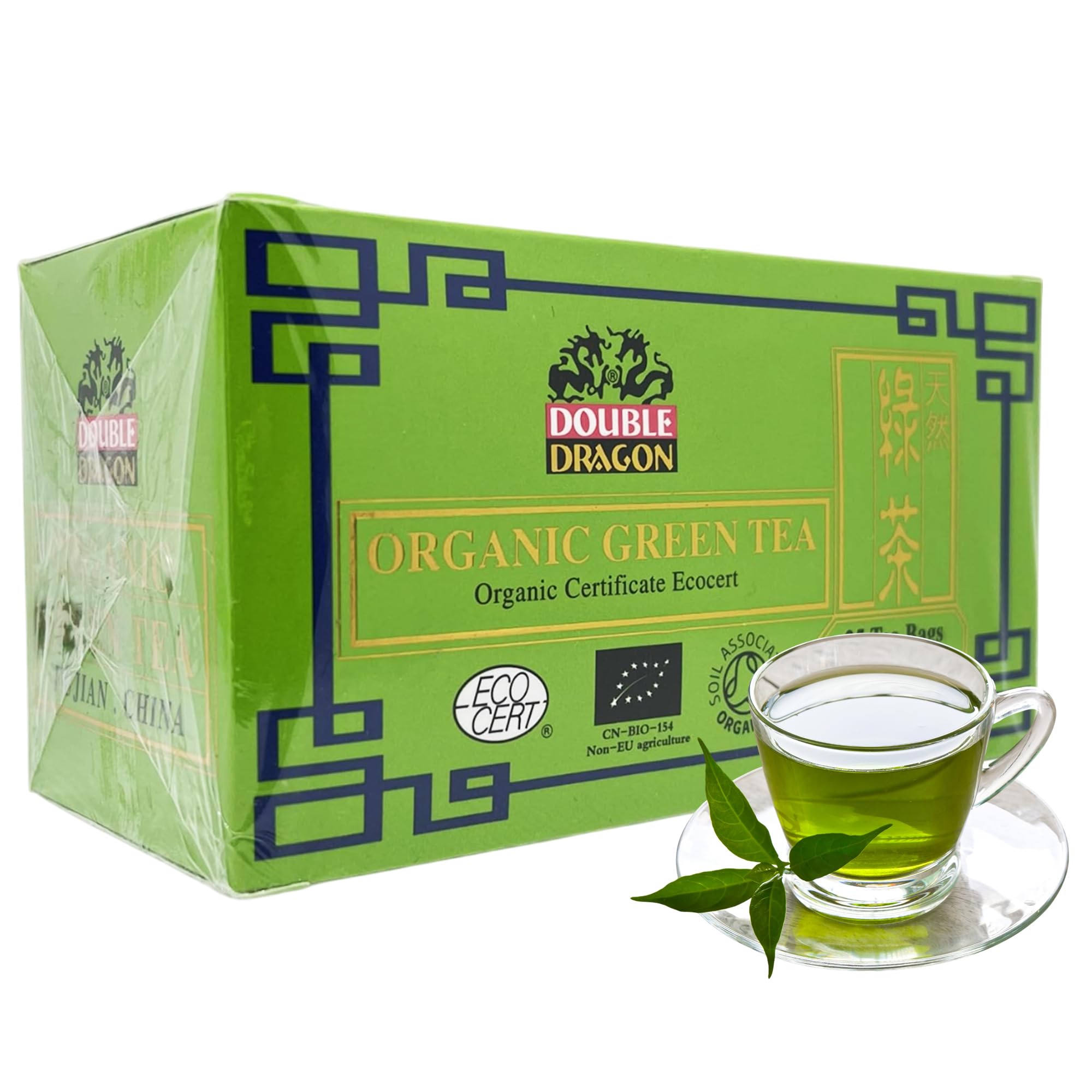Double Dragon Organic Green Tea – 25 Tea Bags | Pure Chinese Green Tea from Fujian China | 100% Natural & Pesticide-Free | Rich in Antioxidants | Low Caffeine | Vegan & Vegetarian Friendly