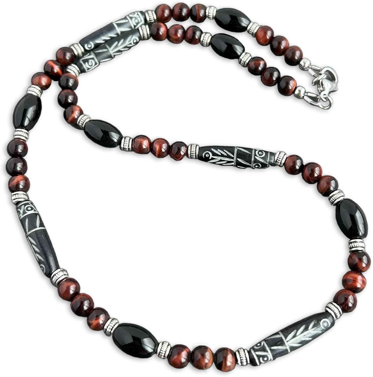 Mami's Gem Studio Mens Tribal Style Necklace, Beaded with Carved Bone, Black Onyx, and Gemstone - Handcrafted in USA