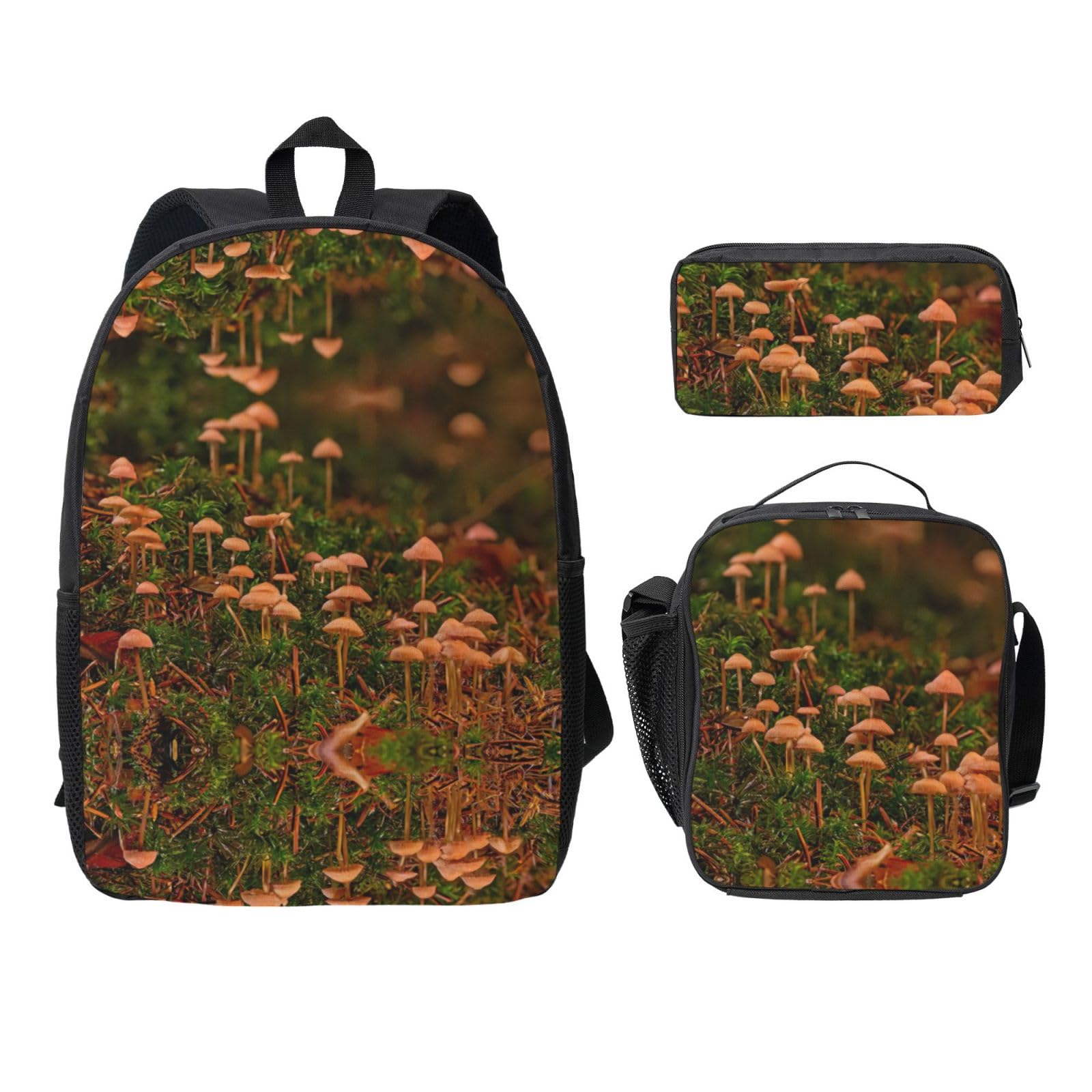 Mochila escolar de hongos de 3 piezas con lonchera y estuche negro 8