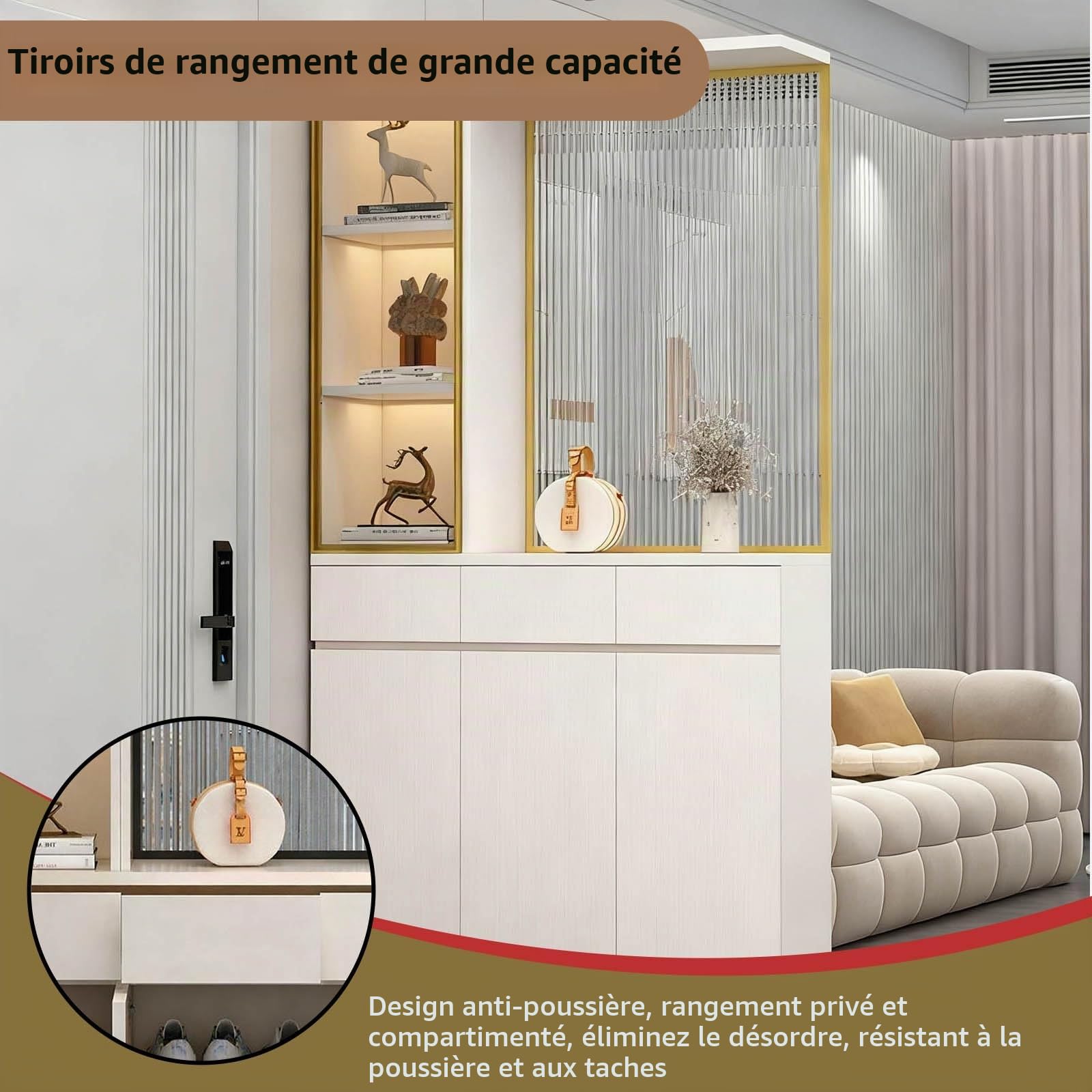 Colonne de séparation de 200 cm de Haut avec Verre trempé Opaque, cloison Murale en Bois du Sol au Plafond avec Espace de Rangement, aux entrées, aux Bureaux et Autres lieux.(A,80cm/31.5in)