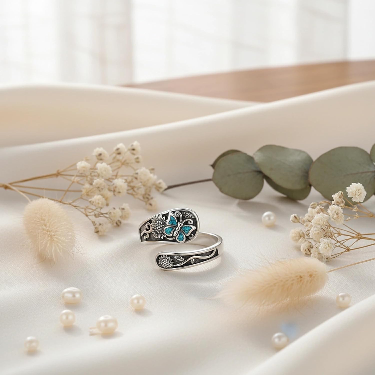 ONEFINITY Butterfly Spoon Rings 925 Sterling Silver Turquoise Adjustable Thumb Rings Sunflower Butterfly Jewelry Gift for Women