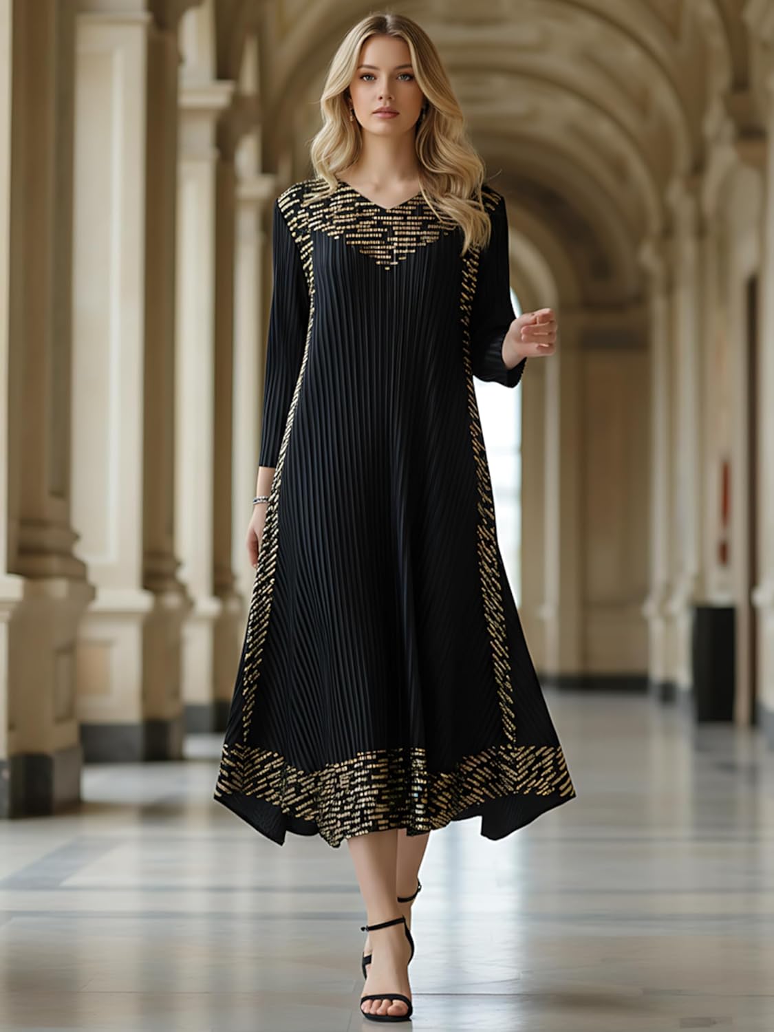 Women's Year-Round Loose V Neck 3/4 Sleeve Maxi Dress Wrinkle-Free One Size Vacation Dresses - Image 4