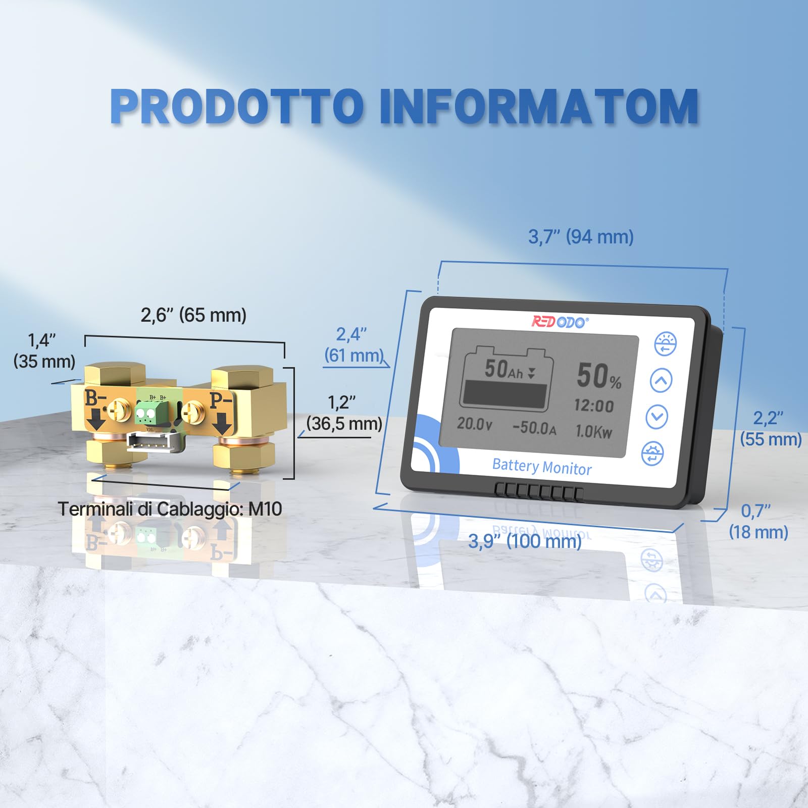 Redodo 500A Batteria Monitor con Shunt, Misuratore di Tensione della Batteria con Intervallo 8V~120V, Cavo Schermato da 20 Piedi, Compatibile con Batterie al Gel, al Piombo e LiFePO4