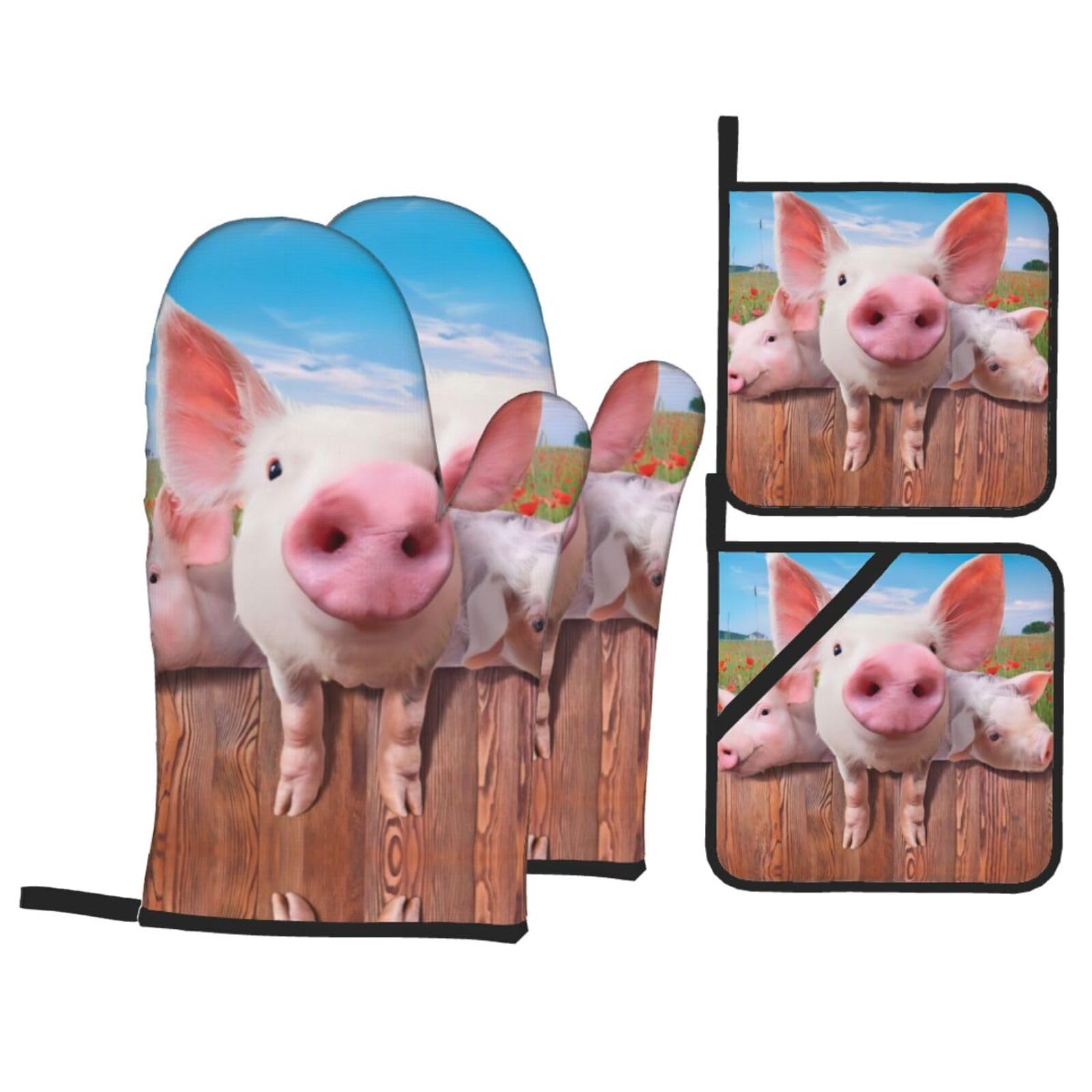 Funny Cute Pig Printed Baking 4-Piece Set, includes oven mitts and a heat-resistant mat, suitable for oven and BBQ use