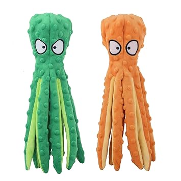 CPYOSN Dog Squeaky Toys Octopus - No Stuffing Crinkle Plush Dog Toys for Puppy Teething, Durable Interactive Dog Chew Toys for Small to Medium Dogs Training and Reduce Boredom, 2 Pack (Orange+Green)