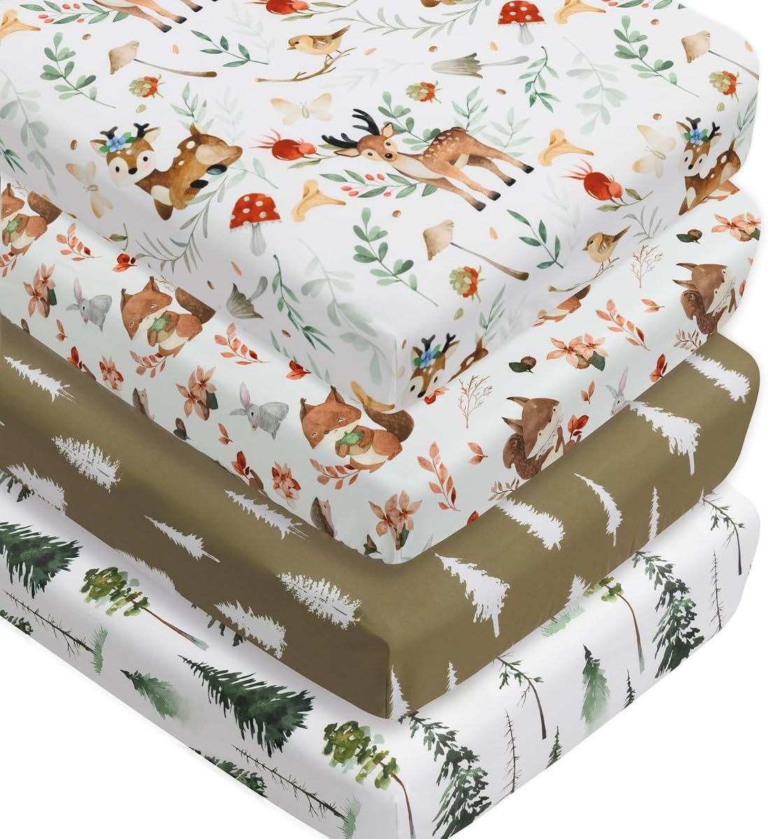 Paquete de 4 sábanas ajustables unisex para cuna de bebé, diseño de animales del bosque, madera neutra, para bebés o niñas (cerveza, 52 x 28)