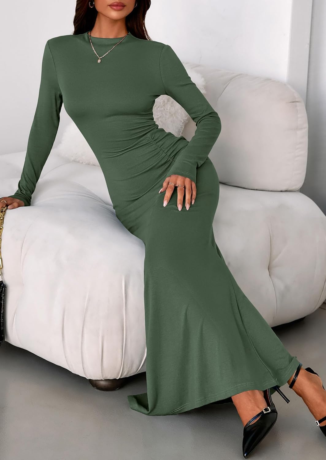 PRETTYGARDEN Fall Dresses for Women 2026 Long Sleeve Bodycon Mock Neck Ruched Maxi Formal Cocktail Wedding Guest Dress - Image 6