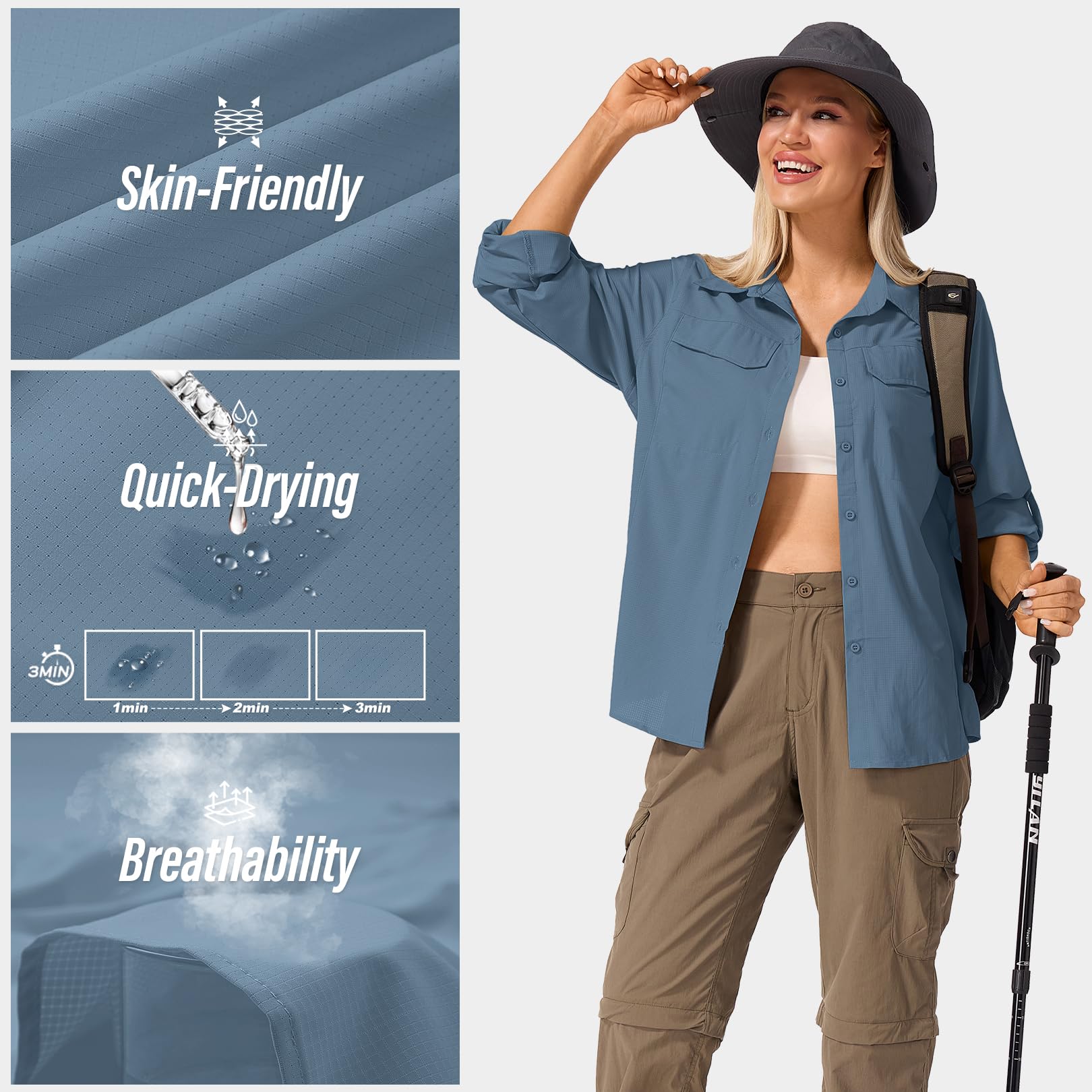 Jessie Kidden Camicie da donna a maniche lunghe con protezione UV, safari, escursionismo, pesca, UPF 50+, ad asciugatura rapida, rinfrescante, campeggio, viaggi