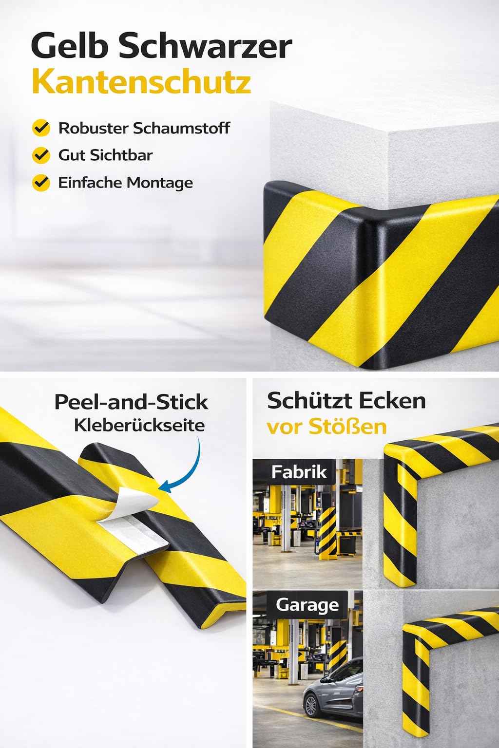 Paraspigoli in poliuretano, autoadesivi, 100 x 4 x 4 cm, profilo di protezione angolare giallo/nero, protezione da parete e angoli, protezione per garage, magazzino, officina (5, 100 cm)