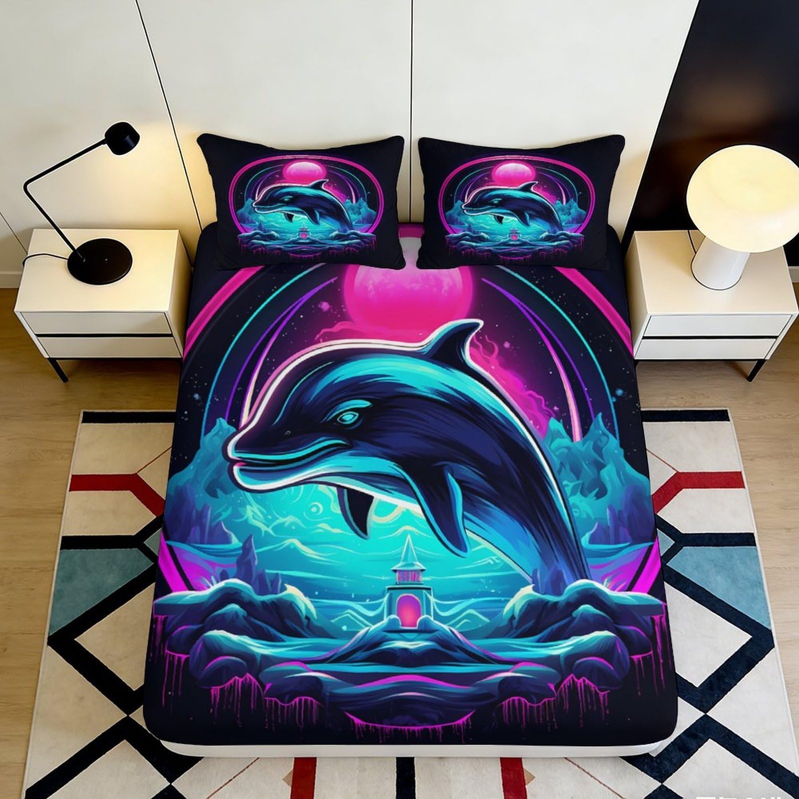Pnayamiorkfel Style-8 3D Printed Neon Dolphin Fitted Sheet Microfiber Soft Breathable Moonlight Ocean Bed Cover For Bedroom Dorm Decor 90X200x25cm