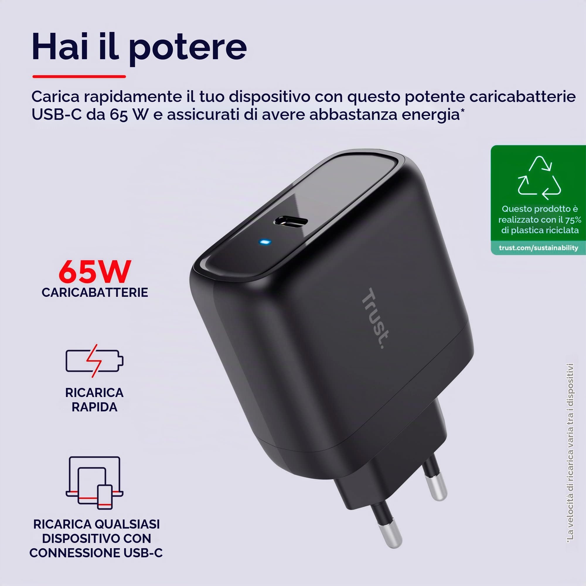Trust Maxo Caricatore USB-C da 65W con Cavo USB-C da 2m, Nero | Caricatore Rapido, 75% con Materiali Riciclati, Adattatore di Alimentazione per iPhone iPad Samsung Smartphones Tablets