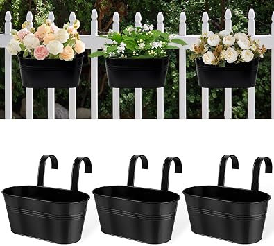 11 Inch Railing Planter Box, 3 Pack Metal Hanging Planters with Hooks
