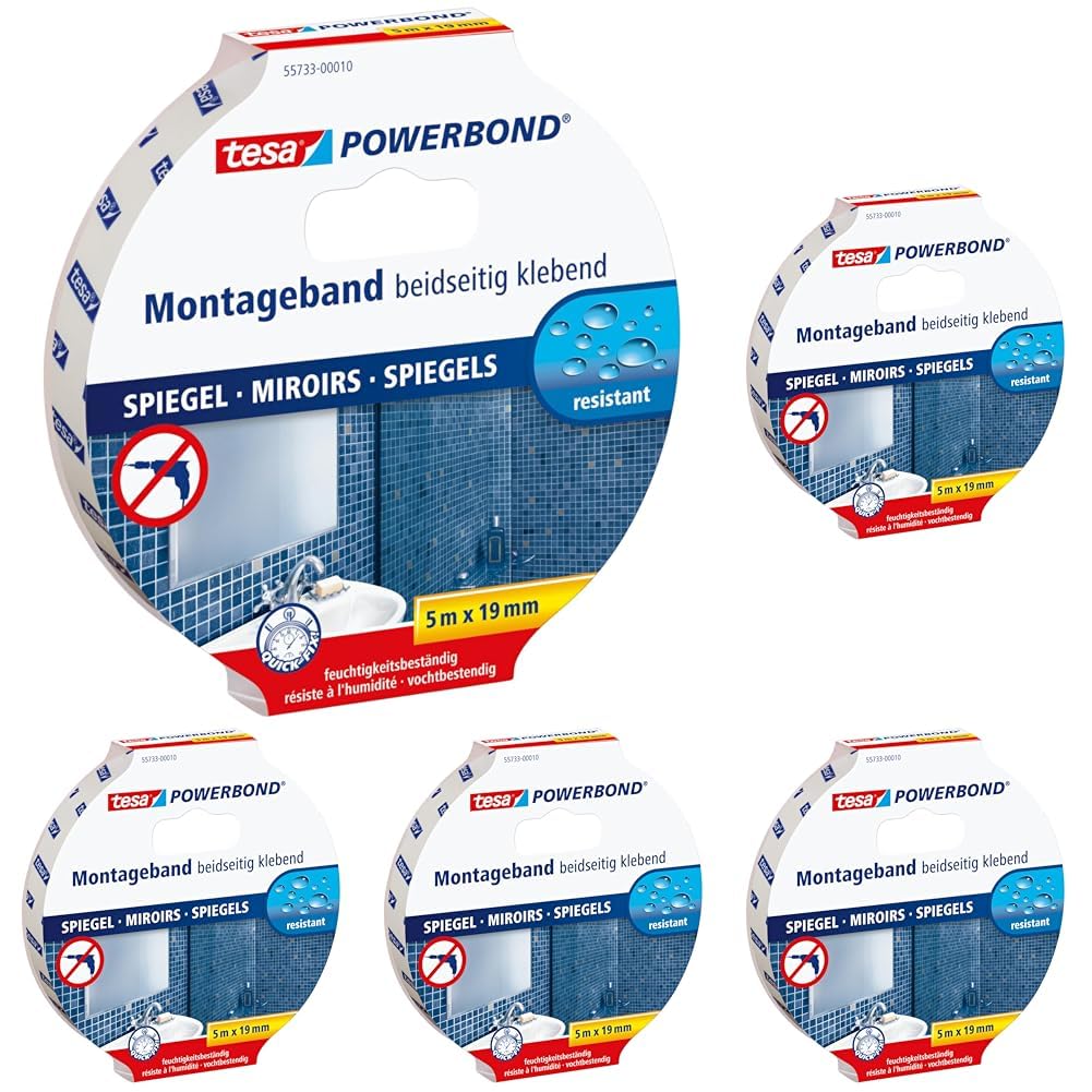 Tesa Powerbond Specchi - Nastro Biadesivo per Specchi - Nastro Adesivo Resistente All'Umidità, Adatto per Docce e Bagni - 5 m x 19 mm (Confezione da 5)