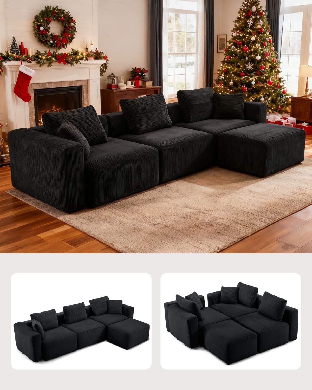 Karl Home 112" Black Corduroy L-Shape Sectional Couch with Movable Ottoman Deep Seat