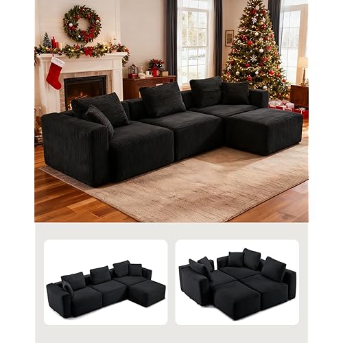 Karl home 112" Sectional Couch with Movable Ottoman, Modern Corduroy Cloud Sofa Set with Deep Seat, Convertible L-Shape Boneless Couch for Living Room, Apartment, Studio, Black