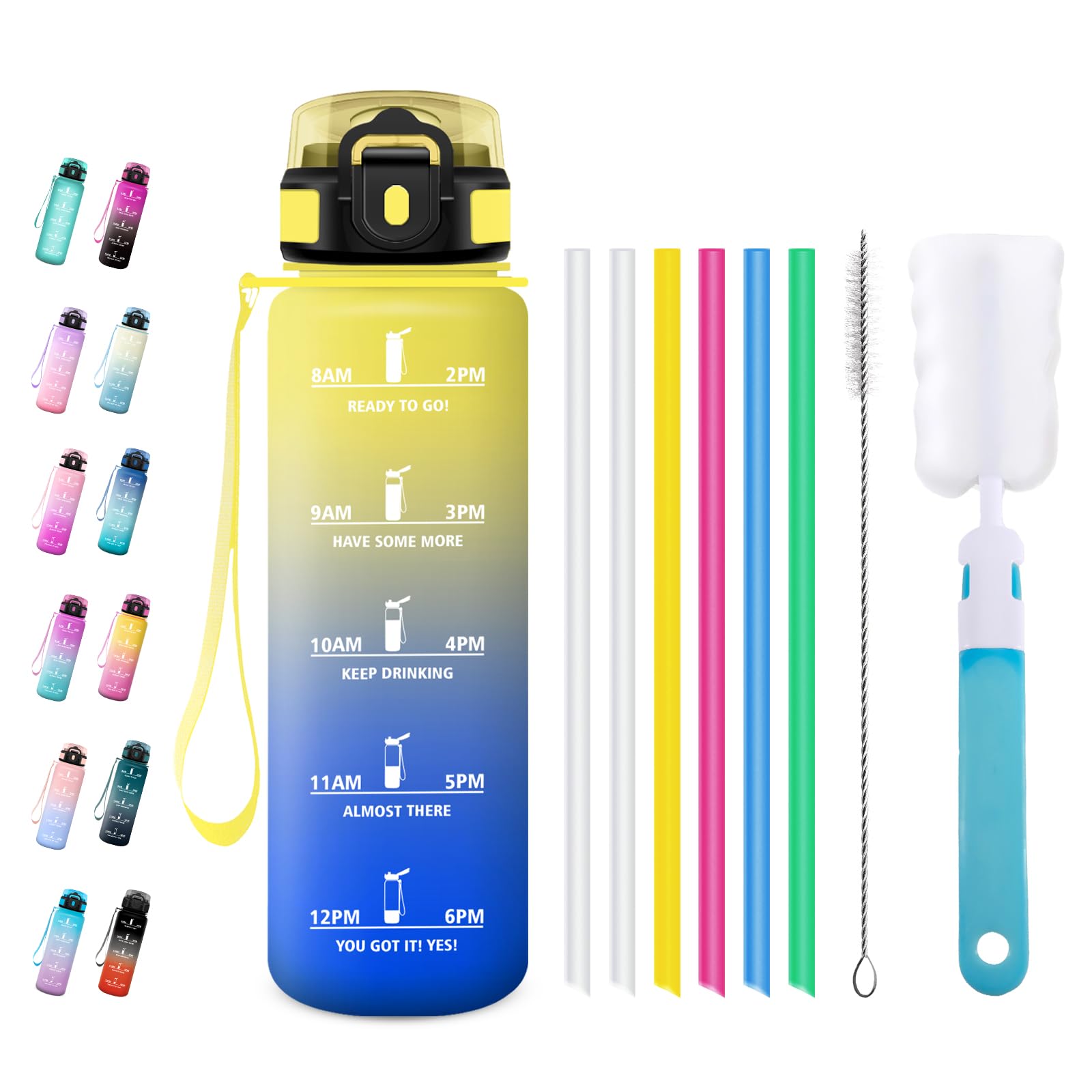 JAPORIA Leak-Proof Drinking Bottle, 1 Litre, Suitable for Carbonated Drinks, Sports Bottle with Time Marking, Water Bottle with Straw, for School, Bicycle