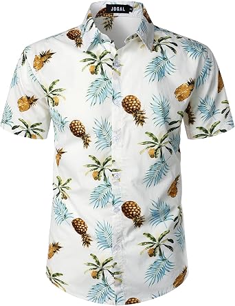 JOGAL Mens Cotton Button Down Short Sleeve Hawaiian Shirt