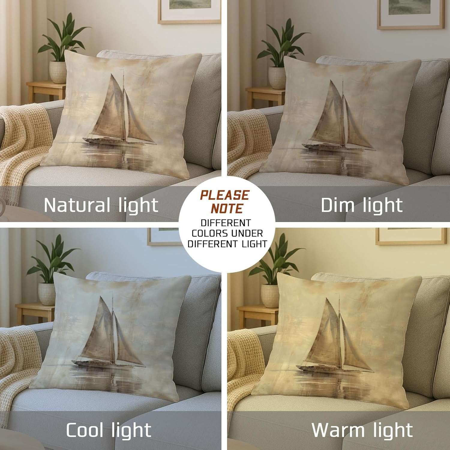 Nautical Pillow Covers Set of 2, Beige Sailboat Print Throw Pillows Case, Seasonal Decorative Vintage Coastal Decor Cushion Covers for Home Sofa Bed Couch 24x24 Inch