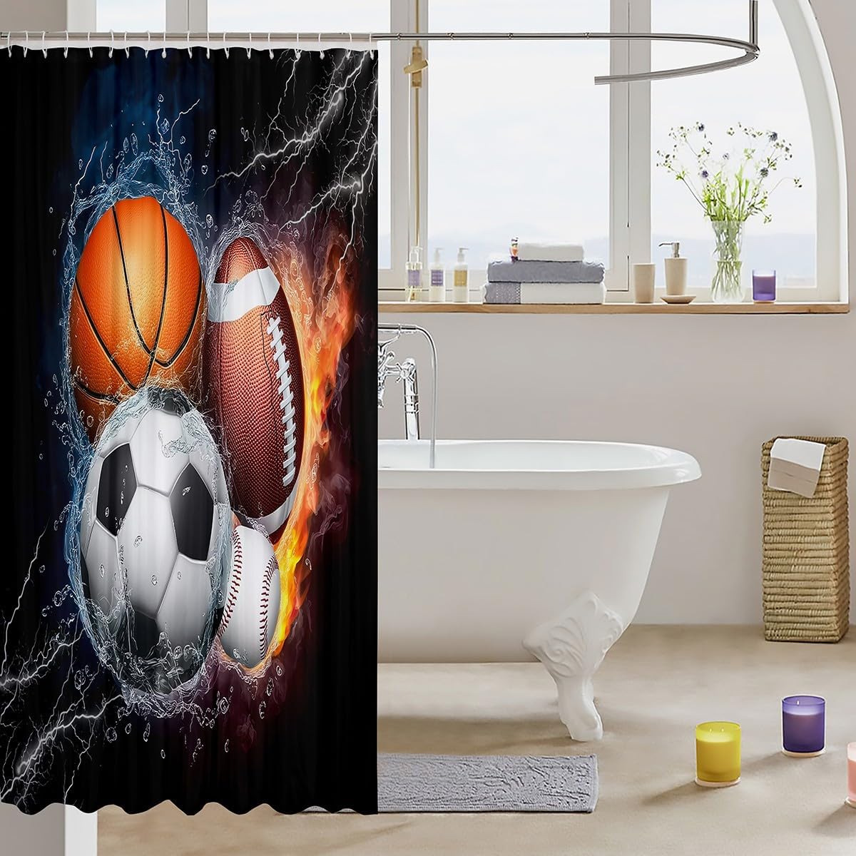 Erosebridal Sports Bathroom Curtain Boys 72Wx72L,Baseball Soccer Bath Curtain Kids Teens Basketball Football Shower Curtain Ball Games Bathtub Decor,Fire Ice Trippy Lightening Decor Luxury image 3