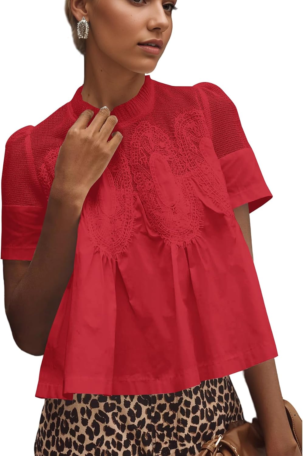 calbatic Women Lace Trim Blouse Mesh See Through Puff Short Sleeve Ruffle Pleated Shirts Mock Neck Summer Babydoll Tops