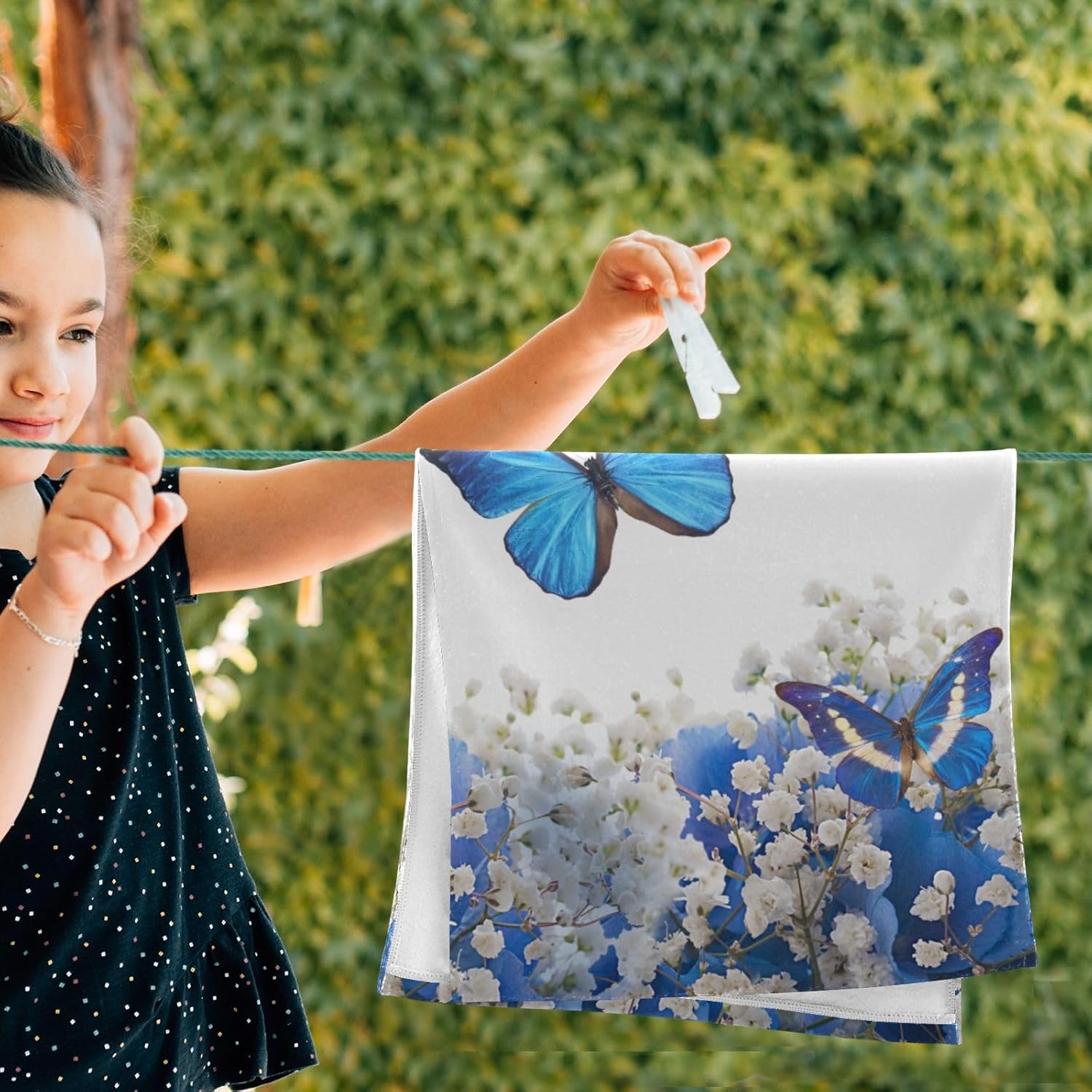 Blue Butterfly Hand Towels for Bathroom Set of 2 Soft Absorbent Spring White Flower Elegant Nature Floral Kitchen Towels,Decorative Bathroom Towels for Bath Guest Spa Face Hair Gym 14"x28" - Image 4