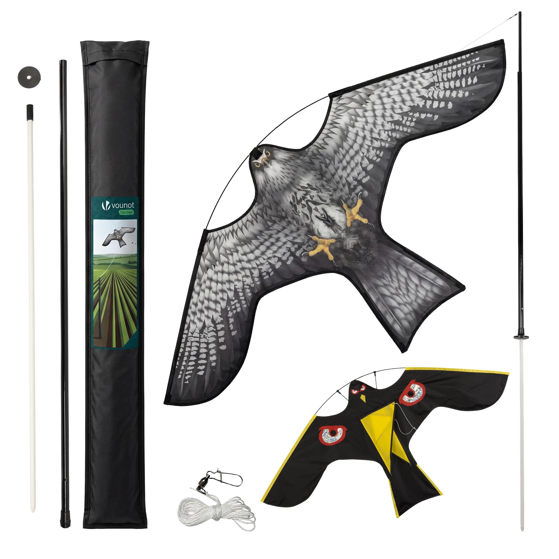 VOUNOT® Vogelschreck Drachen, Vogelabwehr Falke Flugdrachen realistisch mit 4 m Teleskopstange, Vogelbekämpfung und zum Schutz der Ernte für Garten, Bauernhof & Feld, 2 Stück, Stil C & G