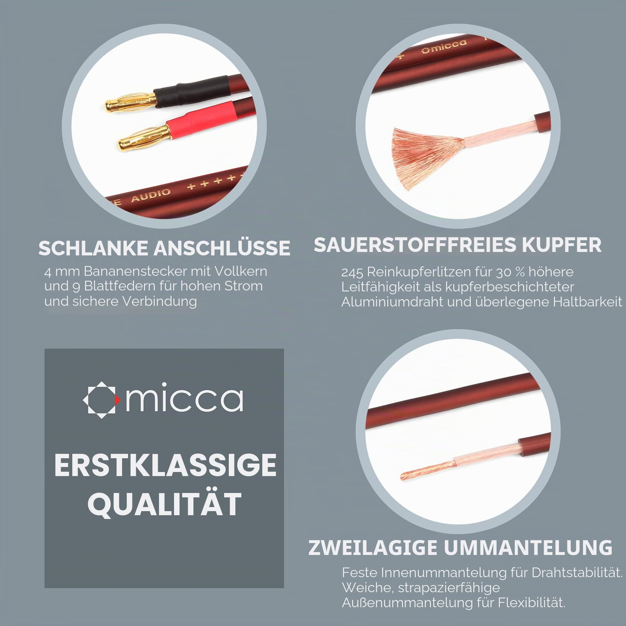 Micca Lautsprecherkabel aus reinem Kupfer, vergoldete Bananenstecker 12ft (4M)