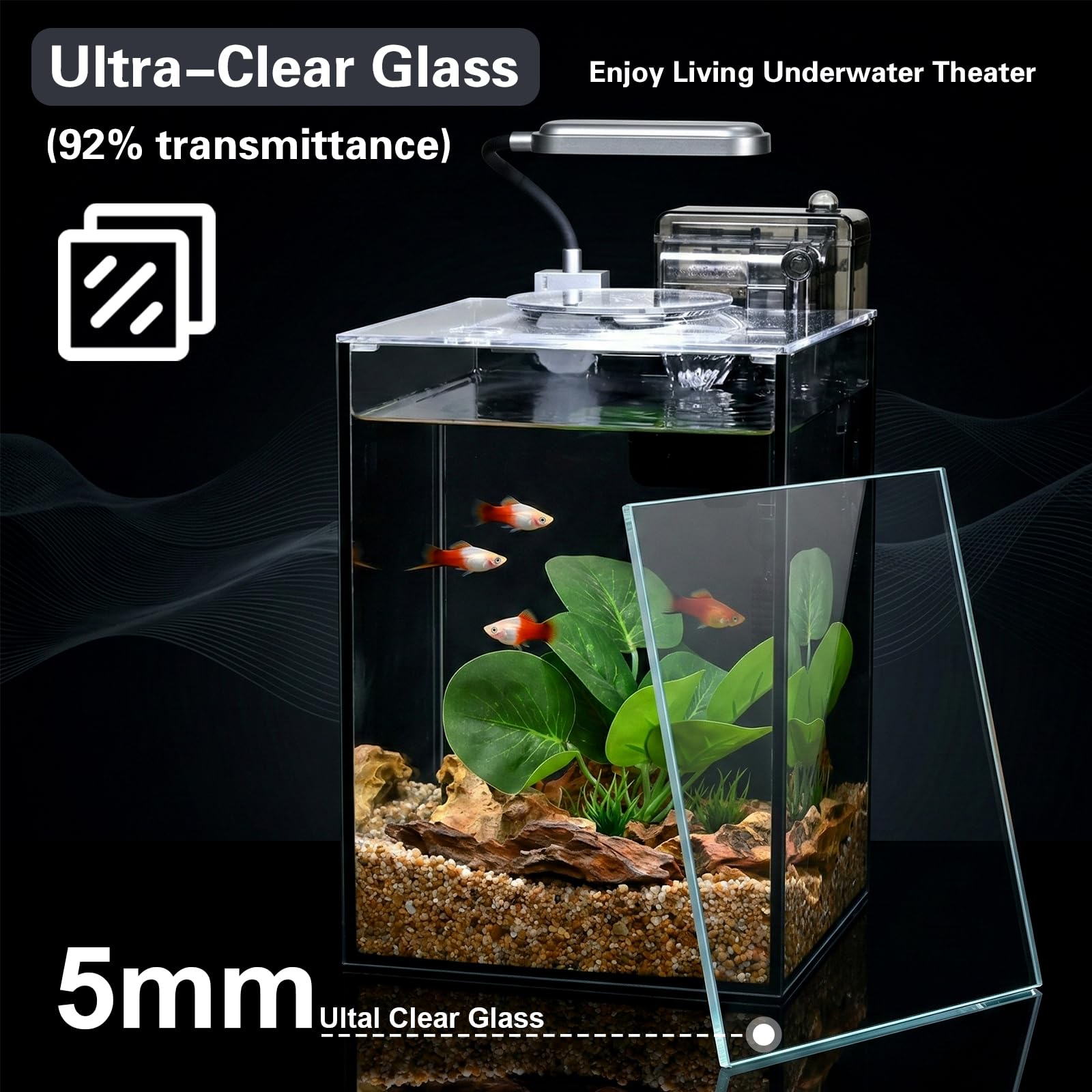 Acuario pequeño de escritorio (negro, 2.2 galones (kit completo))