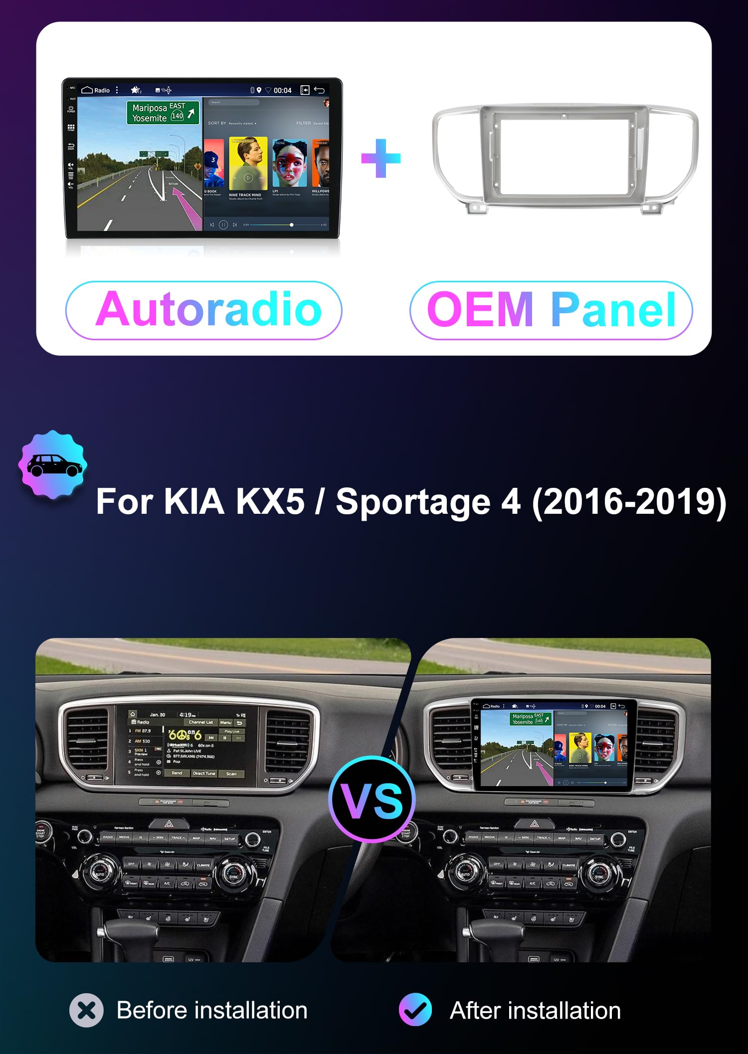 Android 14 2 Din Radio Nawigacja dla KIA KX5 / Sportage 4 2016-2019: [Zintegrowany CarPlay/Android Auto/GPS] -IPS 2.5D 9-calowy ekran dotykowy-DAB/Bluetooth 5.0/Sterowanie kierownicą/Mirror-Link