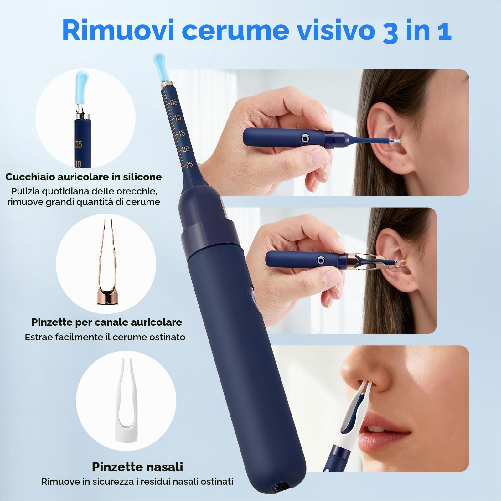 Otoscopio per la rimozione del cerume, Fotocamera flessibile per la pulizia delle orecchie da 8 MP HD, con pinzette di ricambio per esami di orecchie/naso, Otoscopio per orecchie